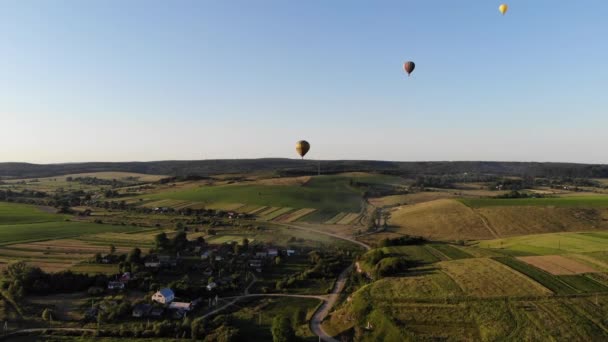 Létající balónky na krásné přírodě v létě při západu slunce — Stock video