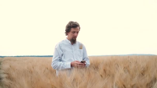 Een jonge man met een baard loopt op een tarweveld en neemt gegevens op over de telefoon. — Stockvideo