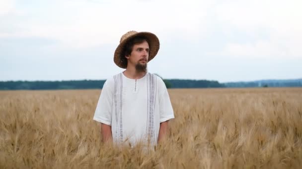 Portret van een brutale jonge boer met een baard en strohoed op een korengeel veld, glimlachend naar de camera en zijn armen vouwend — Stockvideo