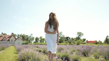 Beyaz elbiseli, uzun saçlı ve içten gülümseyen güzel esmer kız lavanta tarlasında yürüyor. Mor çiçekler. Doğa