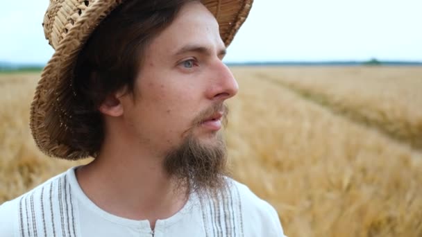 Elegante agricultor de aparência caucasiana com um chapéu e barba caminha no campo e olha para a colheita de trigo — Vídeo de Stock