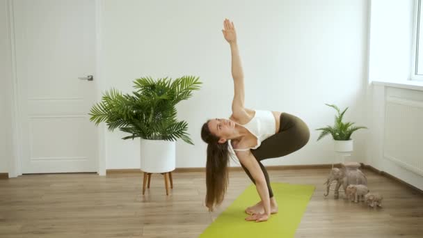 Junge Frau meditiert zu Hause. Professionelle Yoga-Posen im Studio. Gesundheit und Entspannung — Stockvideo