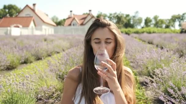 Beyaz elbiseli güzel esmer kız lavanta tarlasında oturur ve bir bardak beyaz şarap içer. Çiçeklerin tadını çıkarır. Rahatla. — Stok video