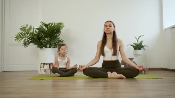 ママと娘はヨガを練習する。蓮の花の位置に瞑想。健康 — ストック動画