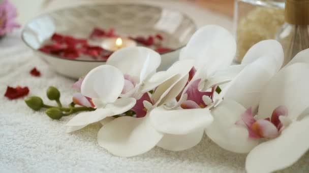 Flowers, candle and rose petals. Scenery in the spa — Stock Video