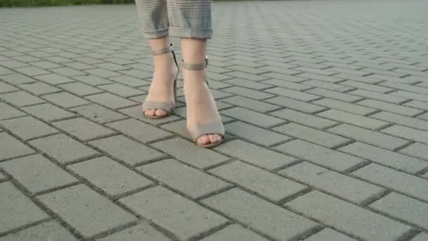 Beine einer Frau in High Heels im Anzug, die auf dem Bürgersteig läuft — Stockvideo