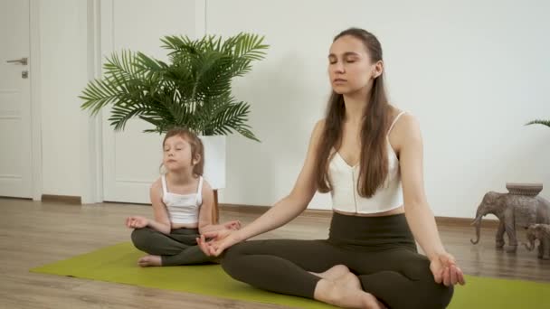 Mamma och dotter utövar yoga. Meditera i lotuspositionen. Hälsa — Stockvideo