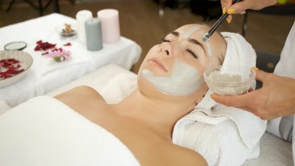 Mujer acostada en la mesa para tratamientos de spa. Aplique una máscara para rejuvenecer la piel. Salud y belleza — Vídeo de stock