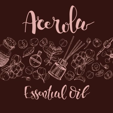 Arka planda acerola kirazı, meyve, çiçek ve yağ ve aksesuarlı cam şişe var. Detaylı el çizimleri ve harfler, vektör botanik illüstrasyon.