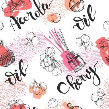 Dal acerola kirazlı, meyveli, çiçekli, yağlı ve aksesuarlı kusursuz patern. Detaylı el çizimleri, vektör botanik çizimler.