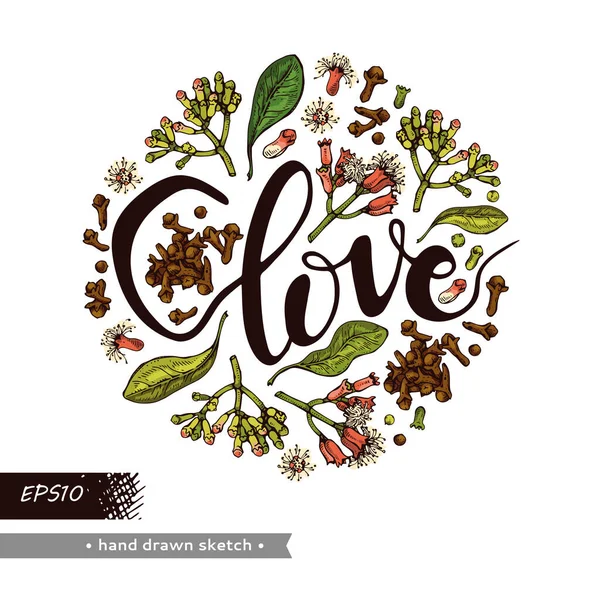 Círculo Lleno Ramas Árbol Clavel Con Hojas Brotes Flores Letras — Vector de stock