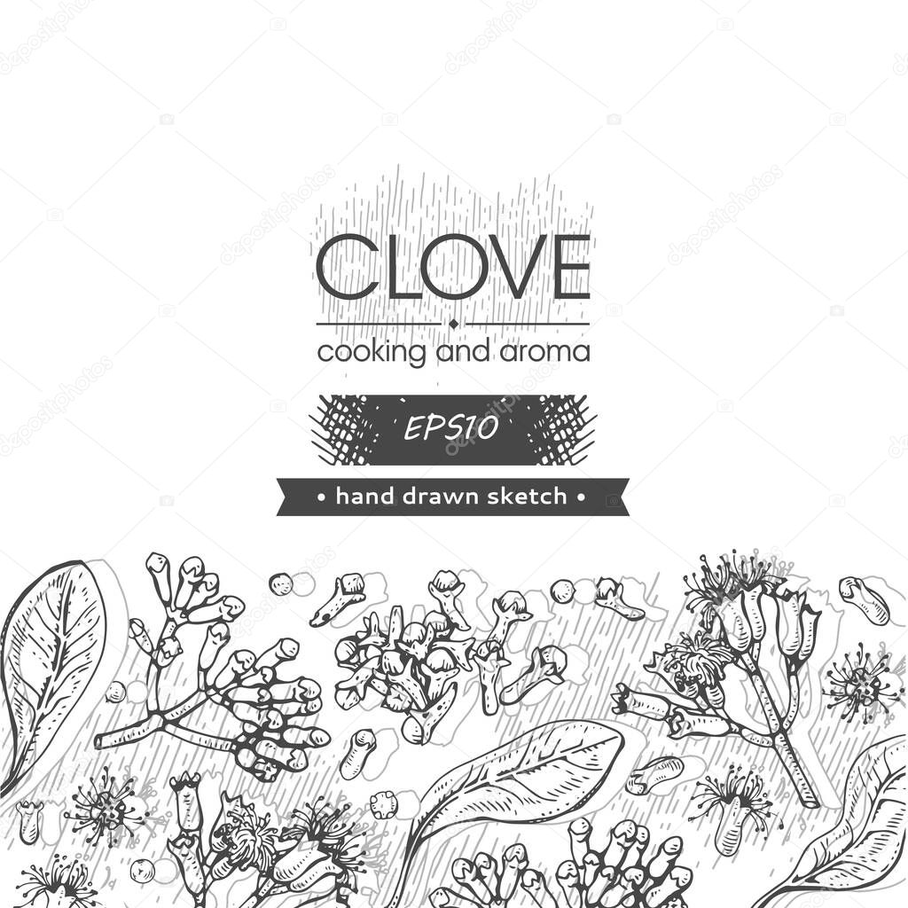 Background with branches of a carnation tree with leaves, buds and flowers. Detailed hand-drawn sketches, vector botanical illustration.