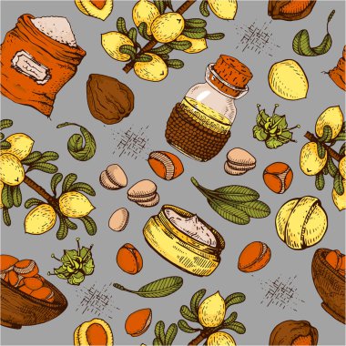 Üzerinde meyve, fındık, argan ağacı, bakla, yaprak, çiçek argümanı olan kusursuz desenler elle çizilmiş çizimler, vektör botanik çizimler. Menü, etiket, paketleme tasarımı için.