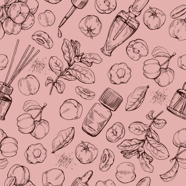 Dal acerola kirazlı, meyveli, çiçekli, yağlı ve aksesuarlı kusursuz patern. Detaylı el çizimleri, vektör botanik çizimler.