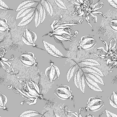 Çiçekli ve ylang-ylang yapraklı kusursuz desen. Detaylı el çizimleri, vektör botanik çizimler. 