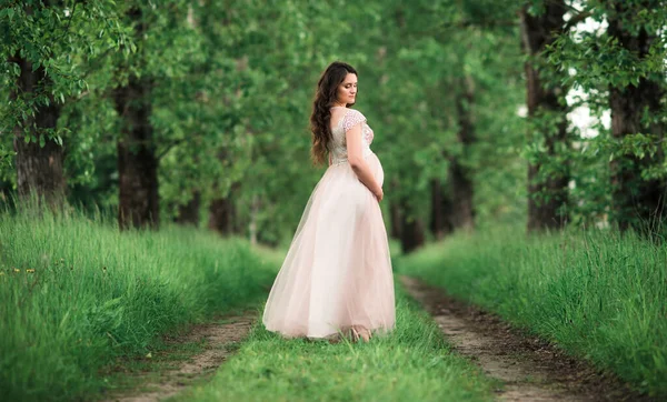 Mujer Feliz Embarazada Hermoso Vestido Bosque Aire Libre Hermosa Naturaleza — Foto de Stock