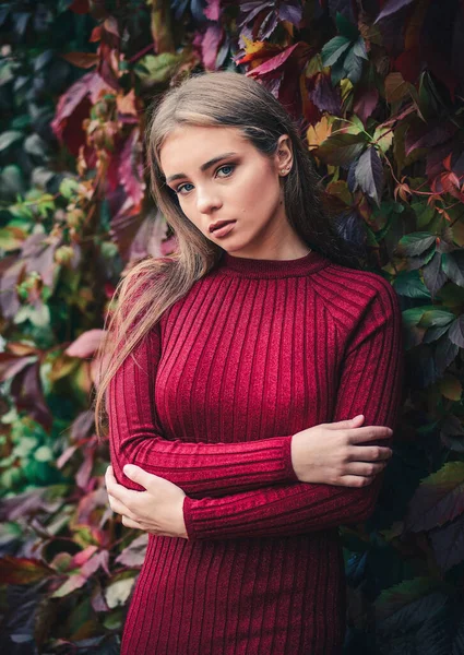 Belle Jeune Femme Élégante Vêtements Automne Sur Fond Feuilles — Photo