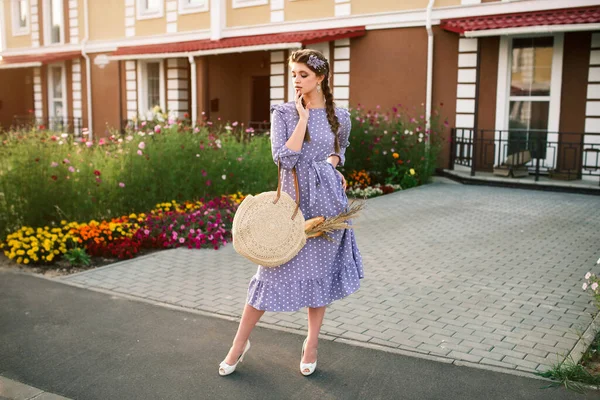 Young Attractive Woman Blue Dress Pigtails Bag Her Hands White — Stock Photo, Image