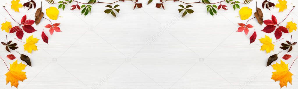 Autumn leaf decor on a white wooden background. The concept of thanksgiving or Halloween. Flat lay autumn composition with copy space.