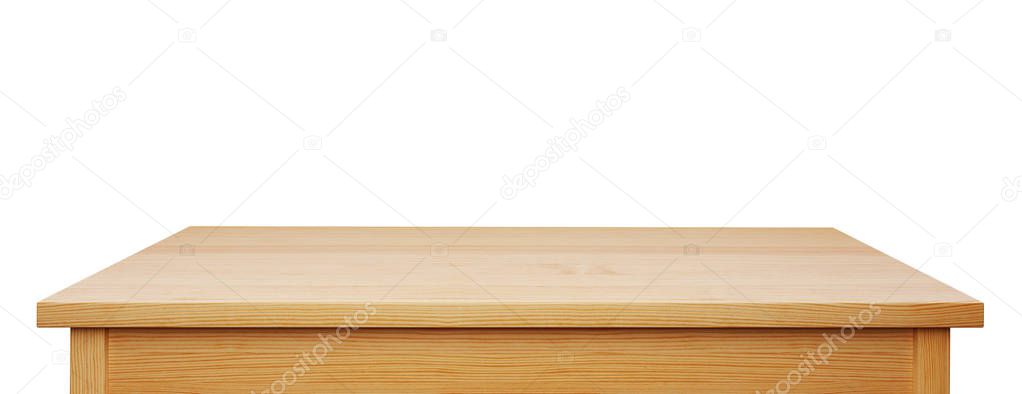 pine wood tabletop isolated on white background, useful for display or product montage, 3d rendering