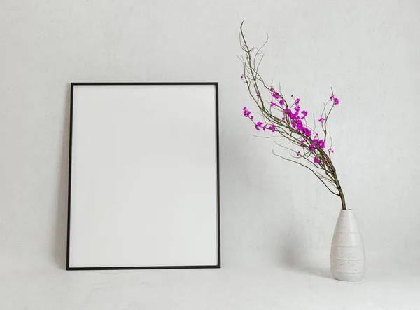 Cartel Blanco Maqueta Con Flores Decorativas Cereza Sakura Ilustración Representación — Foto de Stock