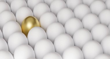beyaz yumurta arasında altın yumurta, zenginlik veya başarı sembolü, 3d render illüstrasyon
