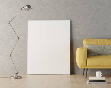 Gri duvara karşı boş tuval mockup, 3D render illüstrasyon.