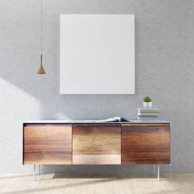 Gri duvar, komodin, lamba, kitap ve bir bitki üzerinde sahte poster ile Iç. 3d render görüntü.