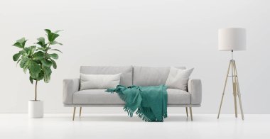 Kanepe, keman yaprağı incir bitki ve bir lamba ile beyaz oturma odası iç. 3d render görüntü.
