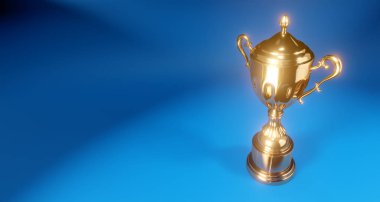 Mavi arka plan üzerinde parlak altın kupa, 3d render illüstrasyon