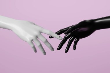 Pembe arka planda siyah beyaz manken eli. 3d görüntü oluşturma.
