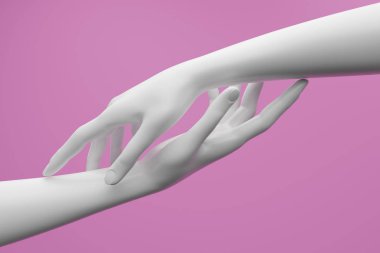 Beyaz manken elleri pembe arka planda. 3d görüntü oluşturma.