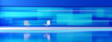 Modern TV stüdyosunda geniş ekranlı iki beyaz sandalye. 3d resimleme.