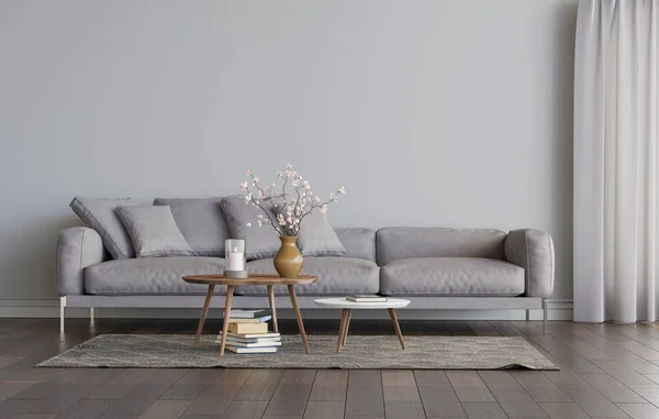 Wohnzimmereinrichtung Mit Grauem Sofa Und Zwei Couchtischen Auf Dem Teppich — Stockfoto