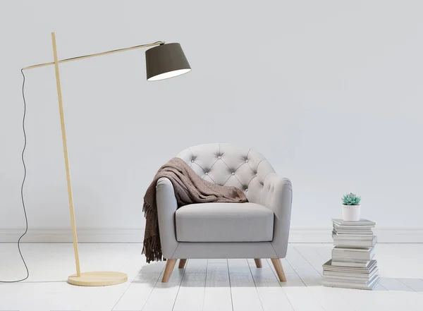 Wohnzimmereinrichtung Mit Grauem Sessel Holzstehlampe Und Bücherstapel Weißes Interieur Mit — Stockfoto