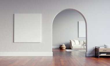 Büyük bir iç döşeme tuvali ve başka bir alana açılan dairesel bir kavis. Boş alanla dolu minimalist bir stil. 3 Boyutlu resimleme.