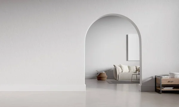 Big interior with large mock-up wall and circular arc entrance to another space. Minimalistic style with full of empty space. 3D render illustration.