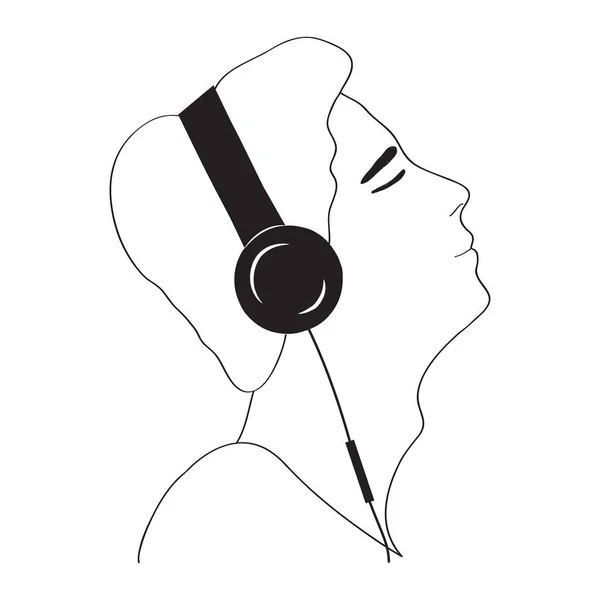 Профиль Портрета Человека Наушниках Линейный Рисунок Концепция Прослушивания Музыки Чтения — стоковый вектор