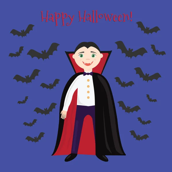 Feliz Halloween Chico Disfrazado Vampiro Ilustración Vectorial Tarjeta Felicitación Para — Archivo Imágenes Vectoriales