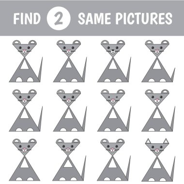 İki benzer resim bul. Geometrik şekillerden yapılmış bir fare. Çocukların farkındalık oyunu. Vektör