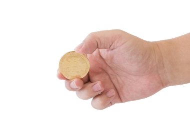 Closeup beyaz arka plan üzerinde dijital para kavramı izole Bitcoin tutan el.