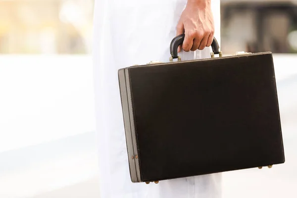 Closeup Business Men Handle Hold Document Bag Black Color — Stock Photo, Image