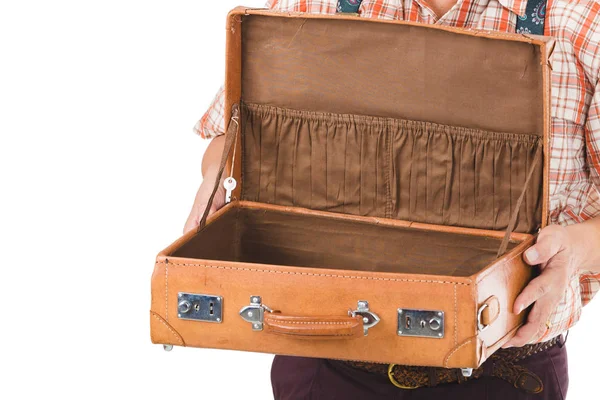 Nahaufnahme Männer Öffnen Koffer Vintage Braun Isoliert Auf Weißem Hintergrund — Stockfoto