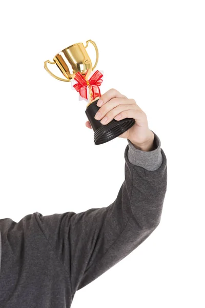 Asian Young Man Hold Trophy Surprise Father — Stock Photo, Image