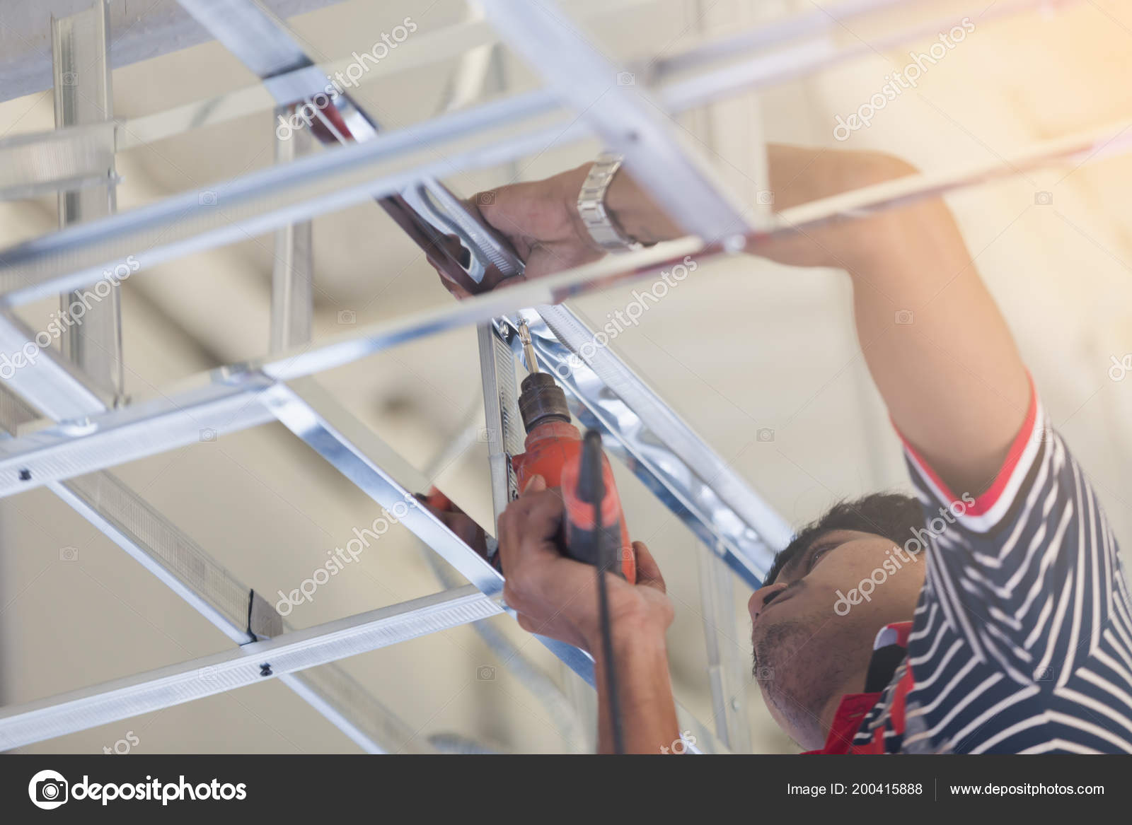 Construction Worker Ceiling Metal Frame Screwdriver Interior