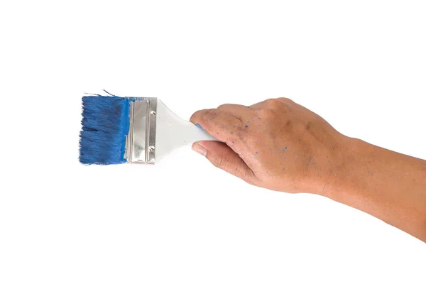 Closeup Pintura Pincel Ferramentas Trabalho Pintura Cor Azul Fundo Branco — Fotografia de Stock