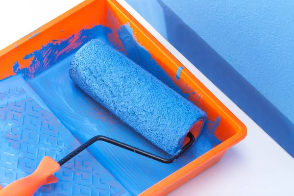 Closeup Paint Roller Brush Tools Work Paint Blue Color — Stock Photo, Image