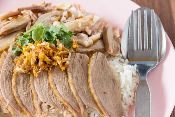 Tayland tarzı pilav kızarmış ördek ve çorba ormanlık artalan üzerinde