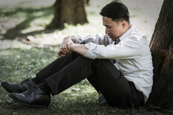 Asya iş adamı yetersiz kalıyor ve parkta ağaç altında ciddi