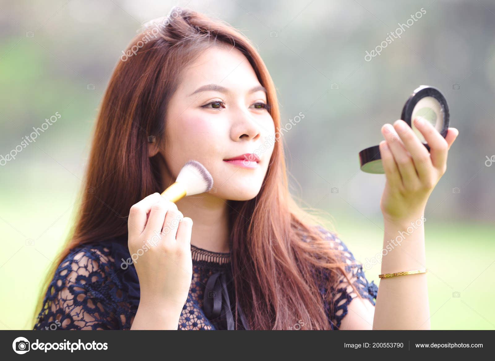 Beautiful Asian Women Make Face Natural Background Stock Photo